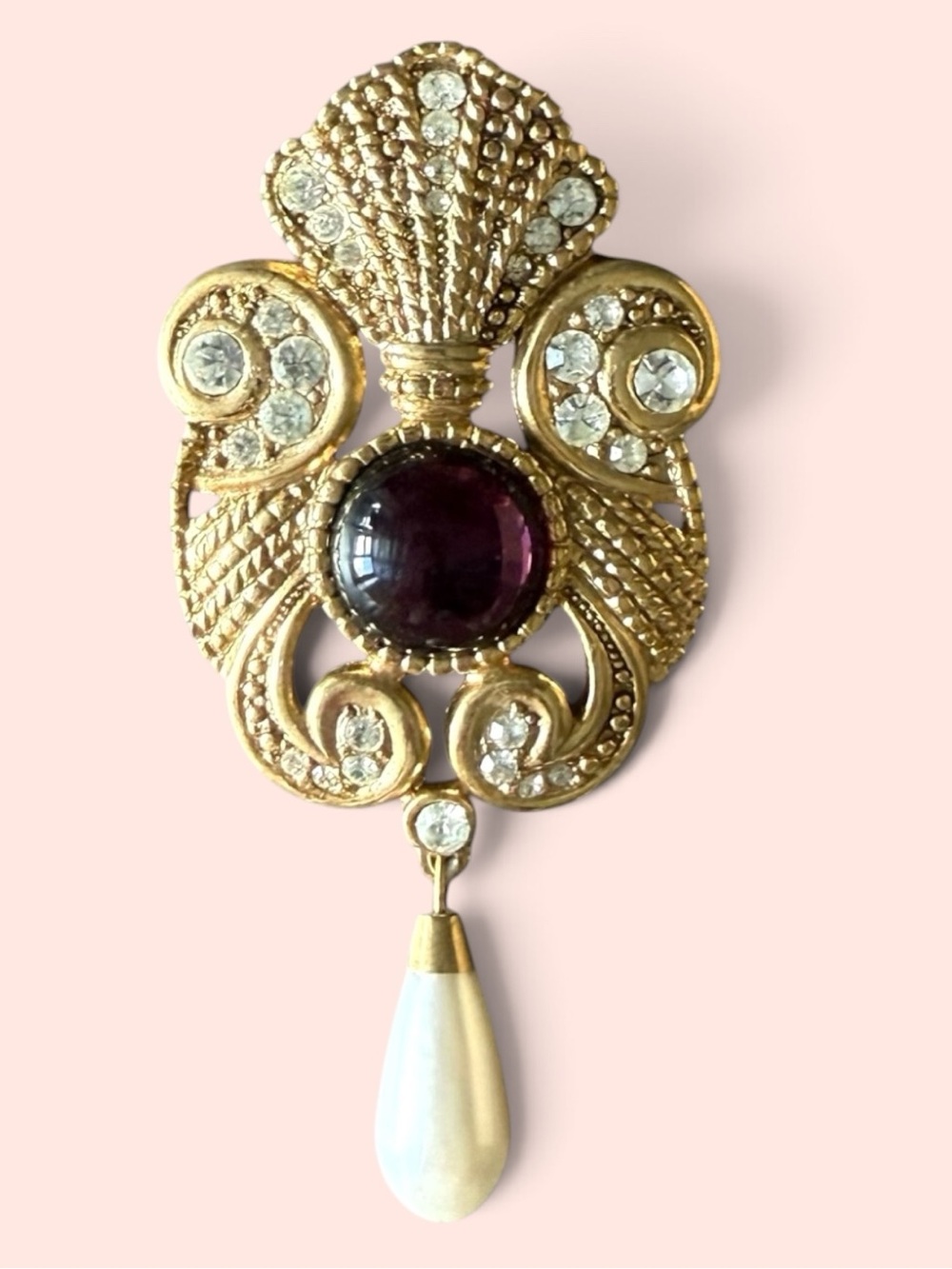VINTAGE JEFF LIEB STATEMENT BROOCH - Purple Cabochon & Rhinestones